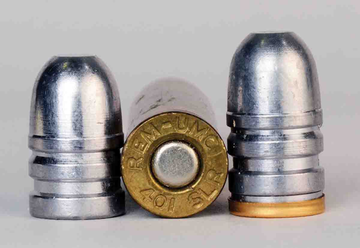 To find out if plain-base or gas-check bullets would be optimum for .401 Winchester Self-Loading ammunition, a custom mould was ordered with one cavity for each type.